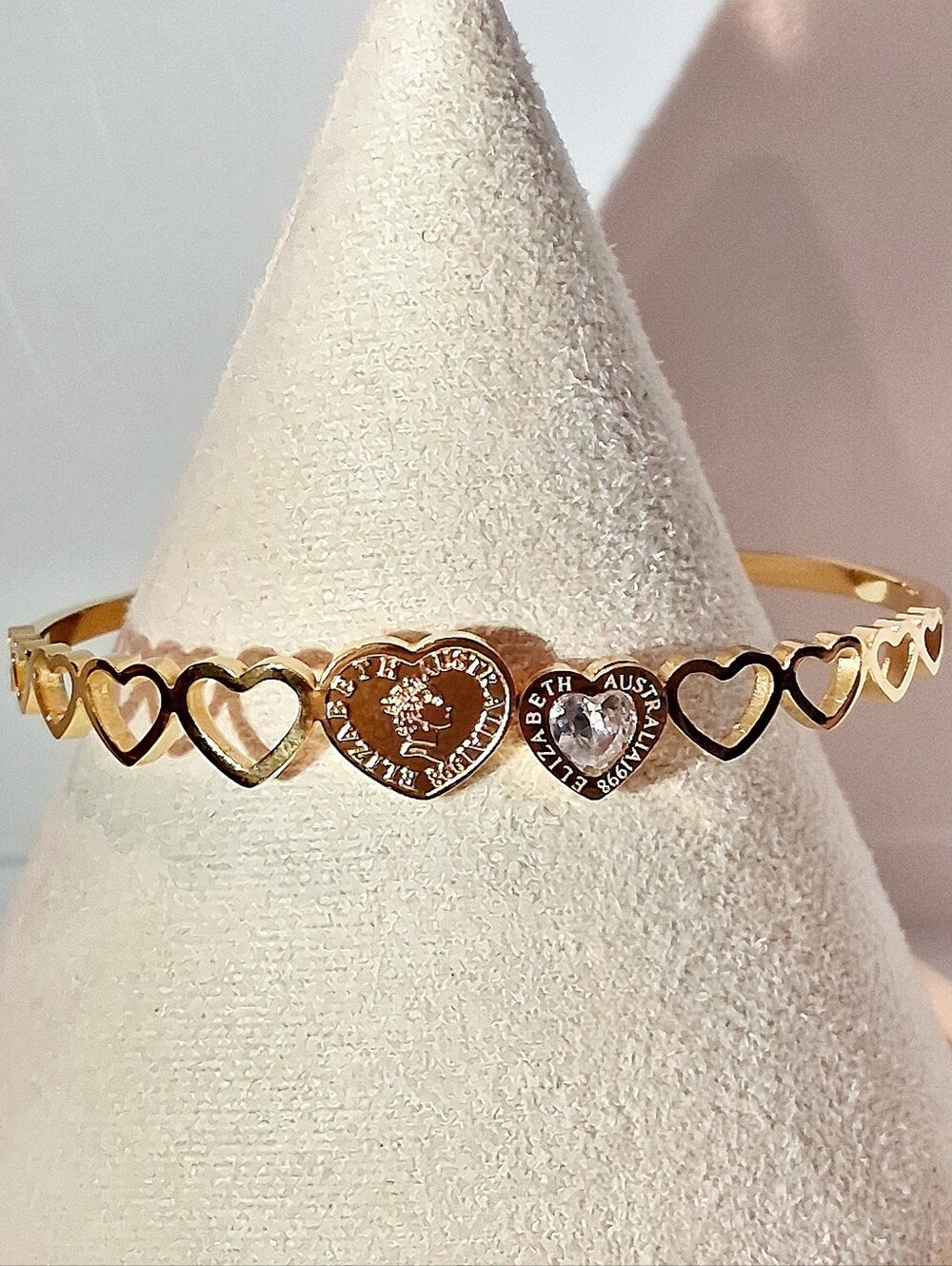 Gold Plated Heart Bangle Bracelet - Heart Coin Accent